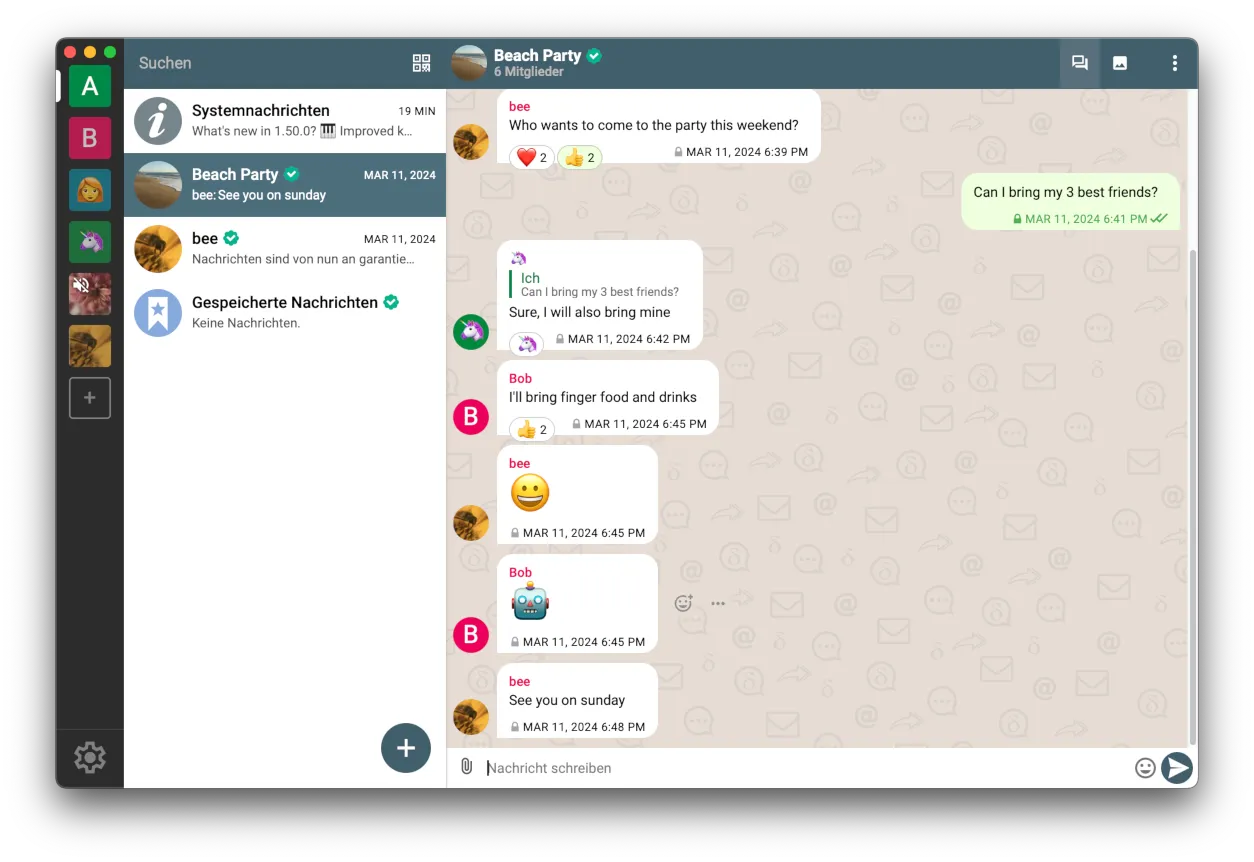 Screenshot of Delta Chat Desktop (Tauri edition) showing a group chat