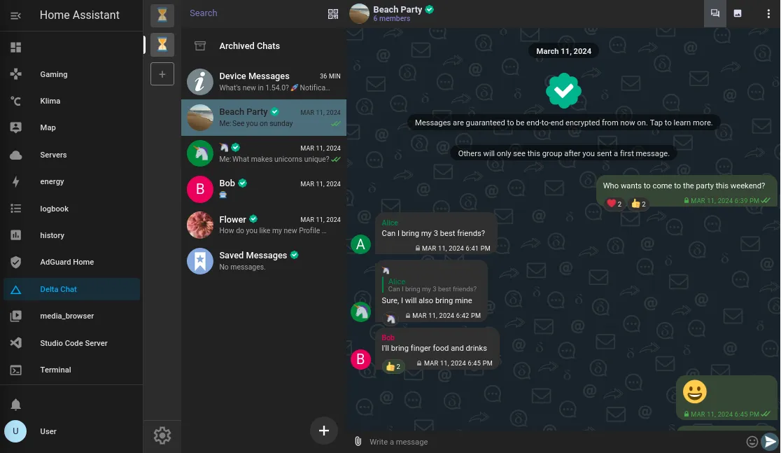 Screenshot of Delta Chat running inside Home Assistant